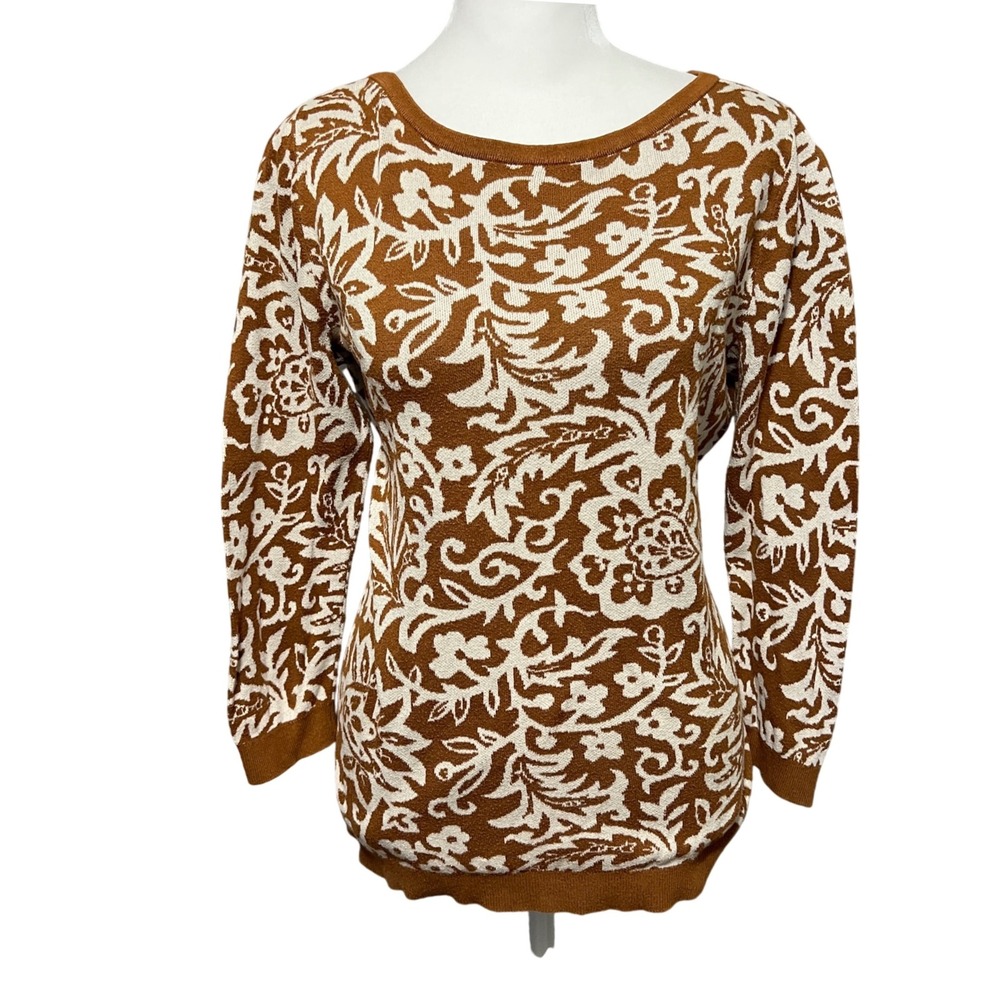 Ann‎ Taylor Cotton Sweater Brown White Floral Camel Knit Top Womens Medium